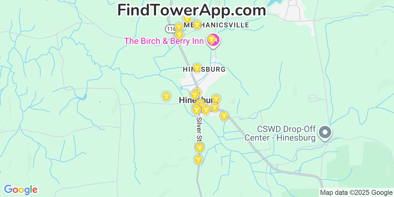 Map showing the 20 primary cell tower locations detected in Hinesburg, Vermont from AT&T, Verizon, and T-Mobile networks
