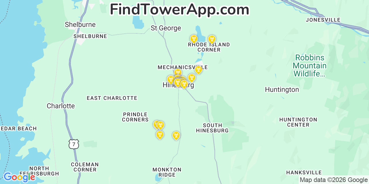 Map showing the 20 primary cell tower locations detected in Hinesburg, Vermont from AT&T, Verizon, and T-Mobile networks