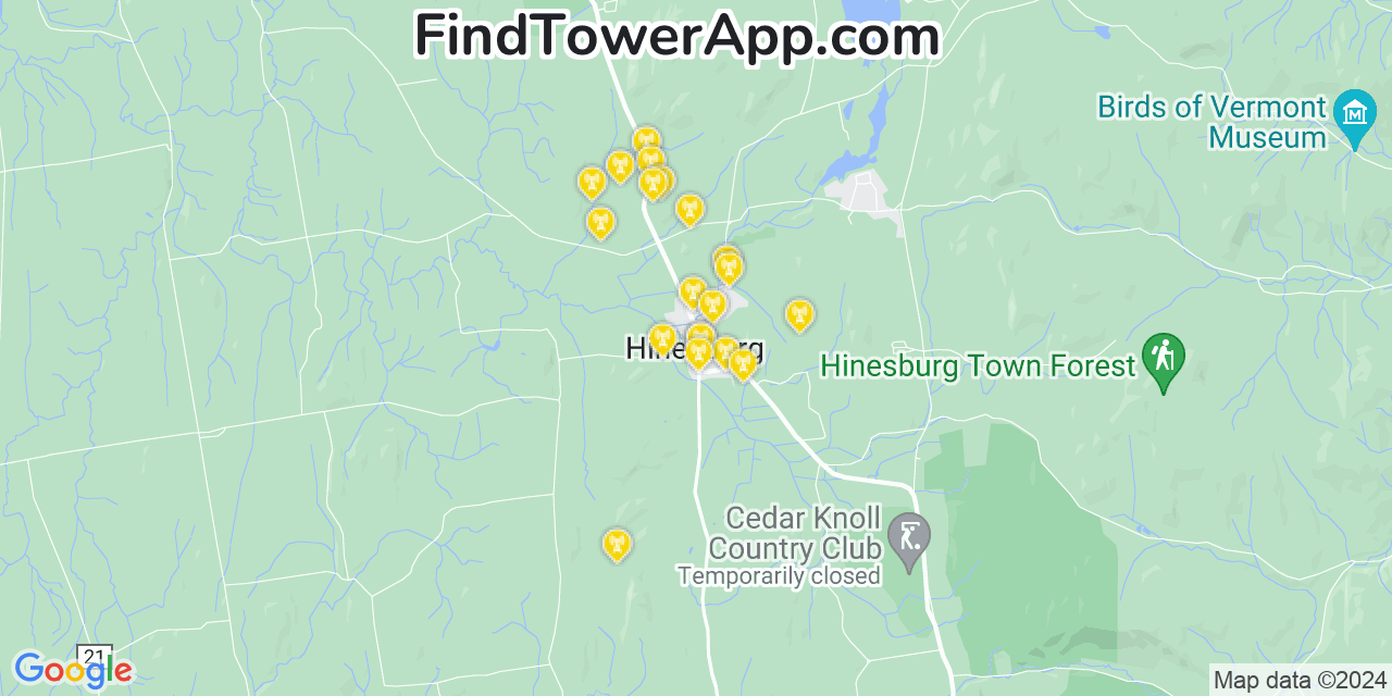 Verizon 4G/5G cell tower coverage map Hinesburg, Vermont