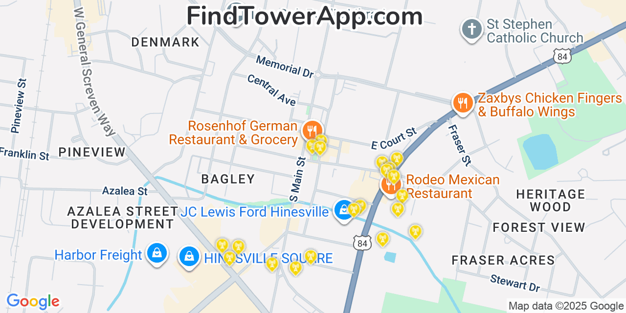 Map showing the 20 primary cell tower locations detected in Hinesville, Georgia from AT&T, Verizon, and T-Mobile networks