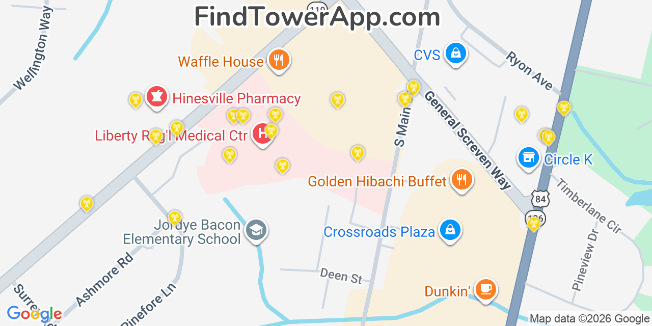 Map showing the 20 primary cell tower locations detected in Hinesville, Georgia from AT&T, Verizon, and T-Mobile networks