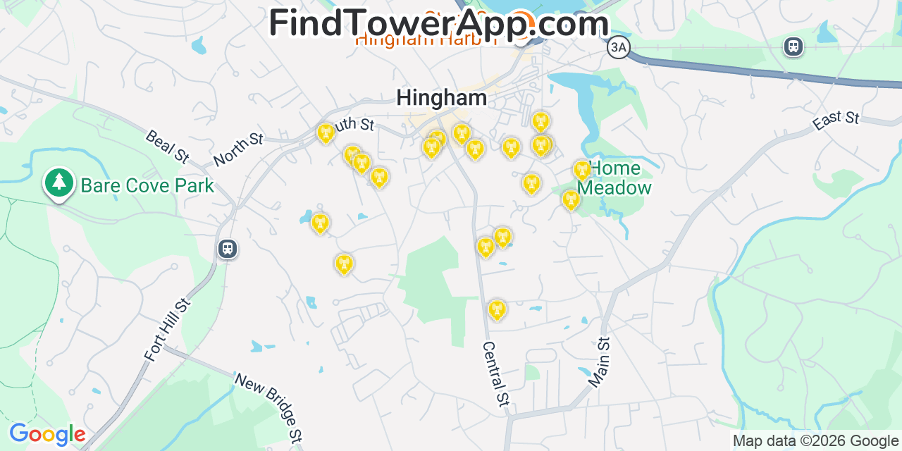 Map showing the 20 primary cell tower locations detected in Hingham, Massachusetts from AT&T, Verizon, and T-Mobile networks