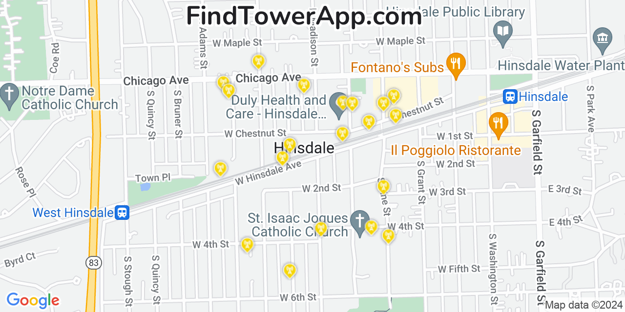 AT&T 4G/5G cell tower coverage map Hinsdale, Illinois