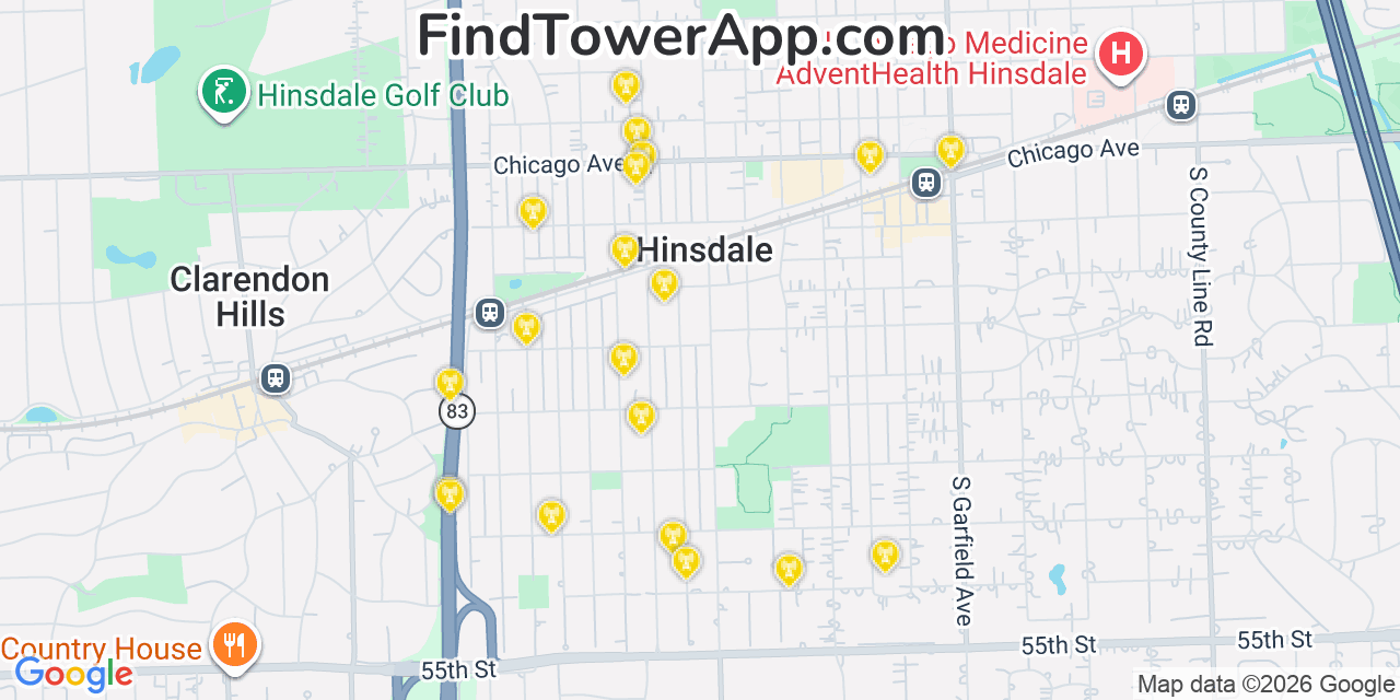 Map showing the 20 primary cell tower locations detected in Hinsdale, Illinois from AT&T, Verizon, and T-Mobile networks