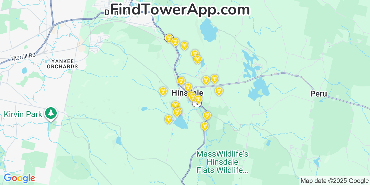 Map showing the 20 primary cell tower locations detected in Hinsdale, Massachusetts from AT&T, Verizon, and T-Mobile networks