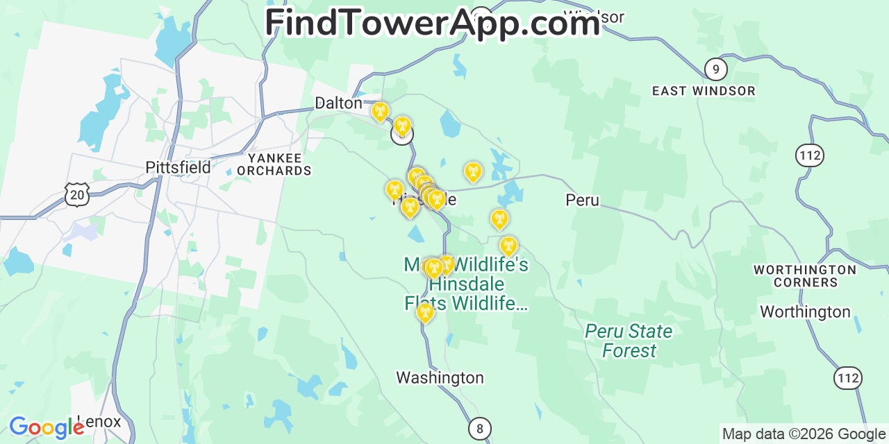 Map showing the 20 primary cell tower locations detected in Hinsdale, Massachusetts from AT&T, Verizon, and T-Mobile networks