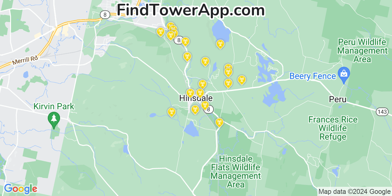 Verizon 4G/5G cell tower coverage map Hinsdale, Massachusetts