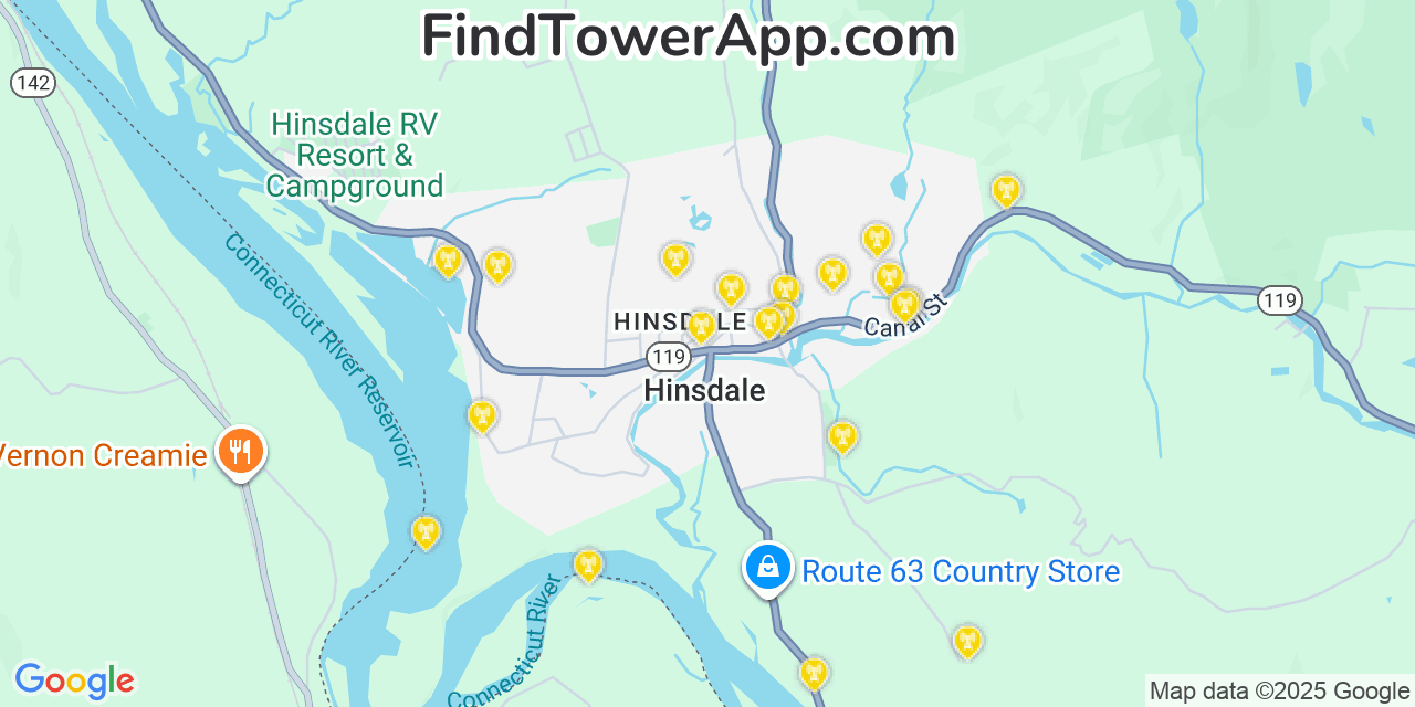 Map showing the 20 primary cell tower locations detected in Hinsdale, New Hampshire from AT&T, Verizon, and T-Mobile networks