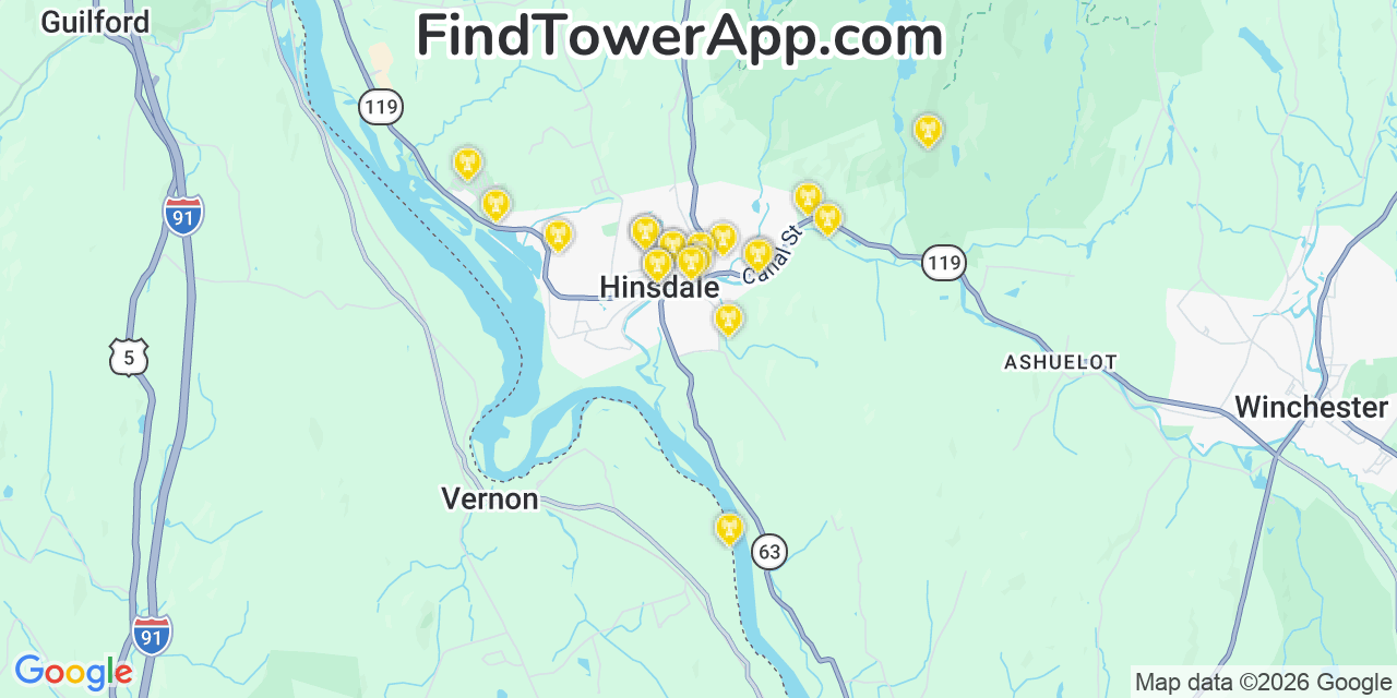 Map showing the 20 primary cell tower locations detected in Hinsdale, New Hampshire from AT&T, Verizon, and T-Mobile networks