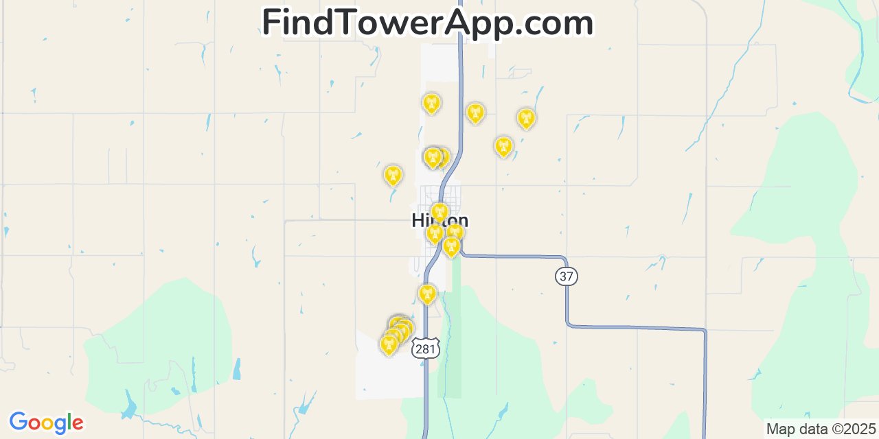 Map showing the 20 primary cell tower locations detected in Hinton, Oklahoma from AT&T, Verizon, and T-Mobile networks