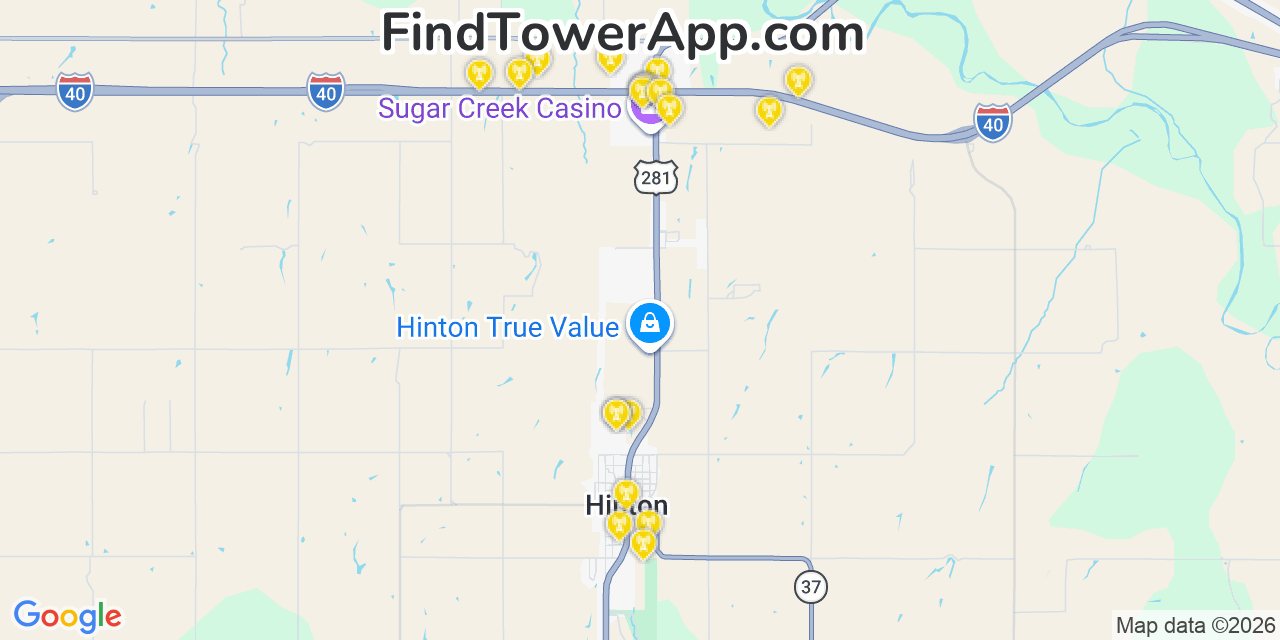 Map showing the 20 primary cell tower locations detected in Hinton, Oklahoma from AT&T, Verizon, and T-Mobile networks