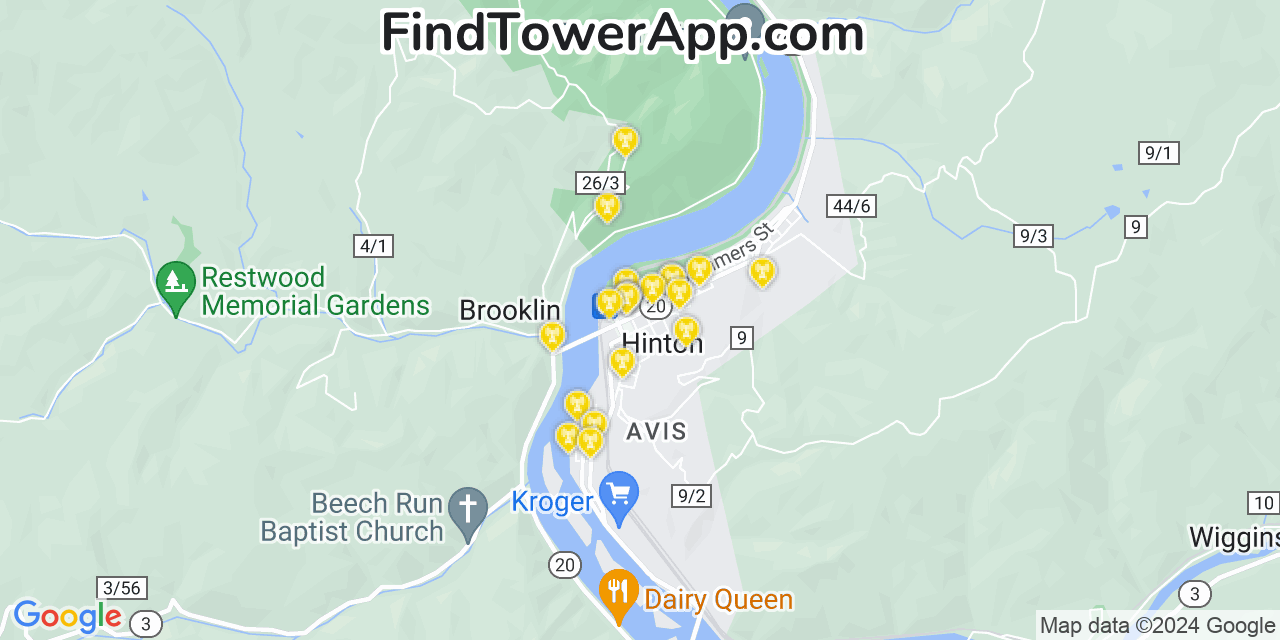 AT&T 4G/5G cell tower coverage map Hinton, West Virginia