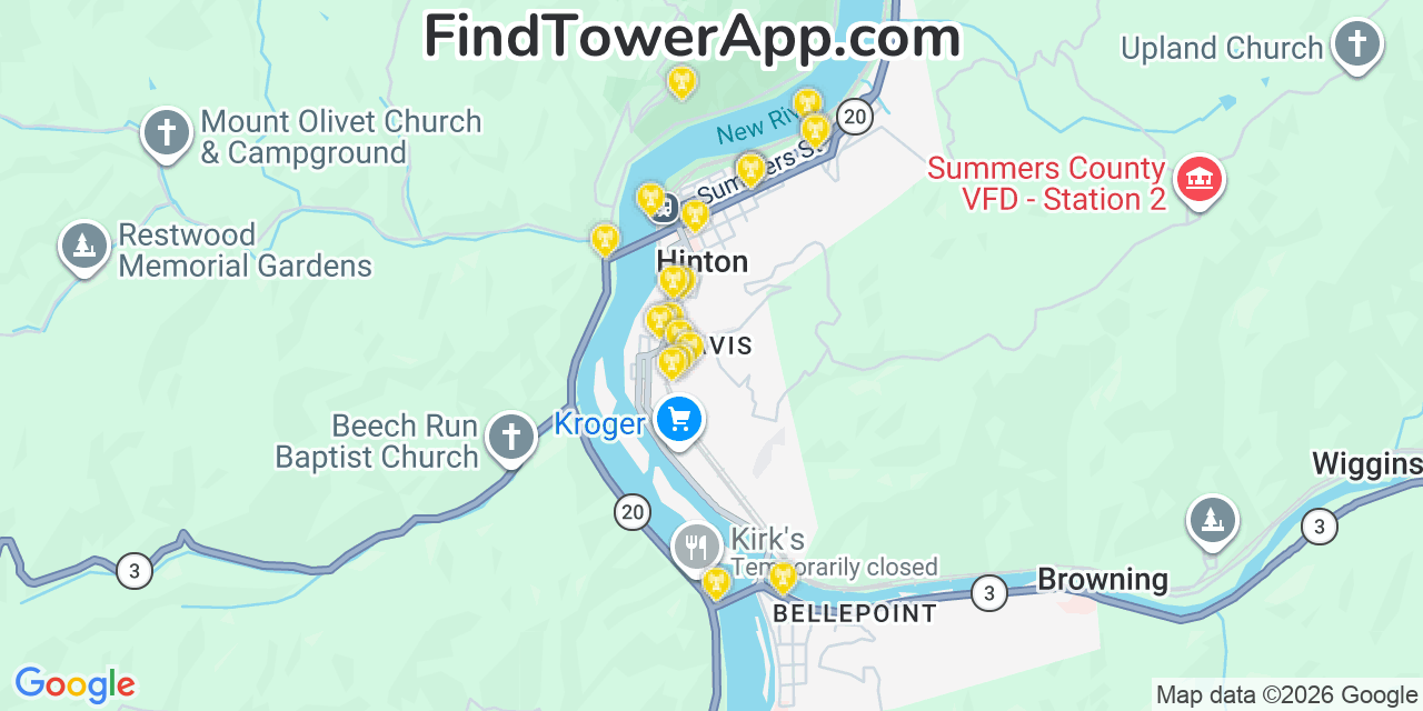 Map showing the 20 primary cell tower locations detected in Hinton, West Virginia from AT&T, Verizon, and T-Mobile networks