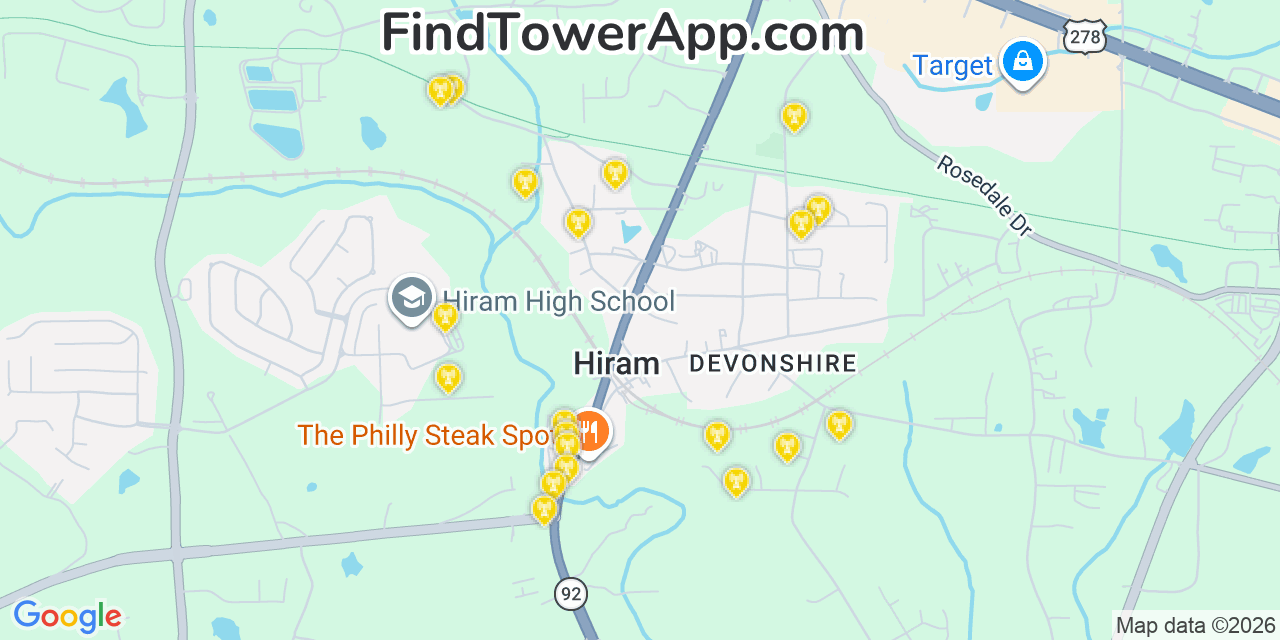 Map showing the 20 primary cell tower locations detected in Hiram, Georgia from AT&T, Verizon, and T-Mobile networks