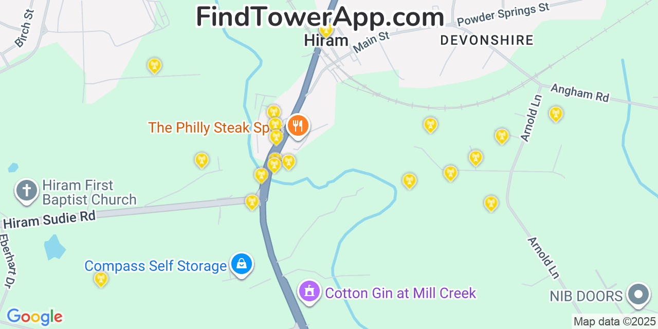 Map showing the 20 primary Mobitel cell tower locations detected in Hiram, Georgia with coverage radius and signal strength indicators