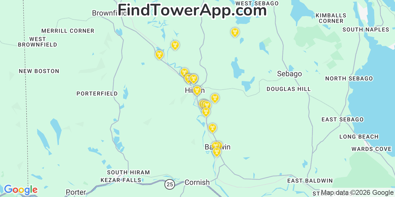 Map showing the 20 primary cell tower locations detected in Hiram, Maine from AT&T, Verizon, and T-Mobile networks