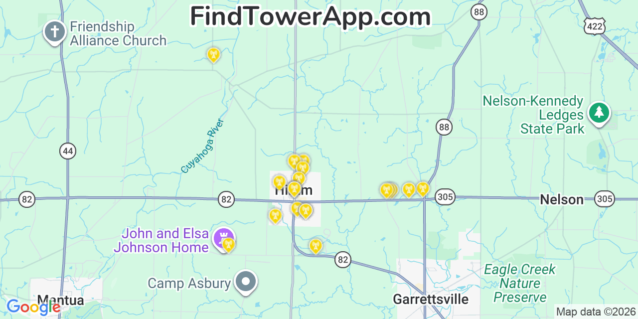 Map showing the 20 primary cell tower locations detected in Hiram, Ohio from AT&T, Verizon, and T-Mobile networks