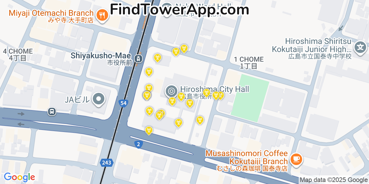Hiroshima Cell Towers, Japan - FindTower App Coverage Maps
