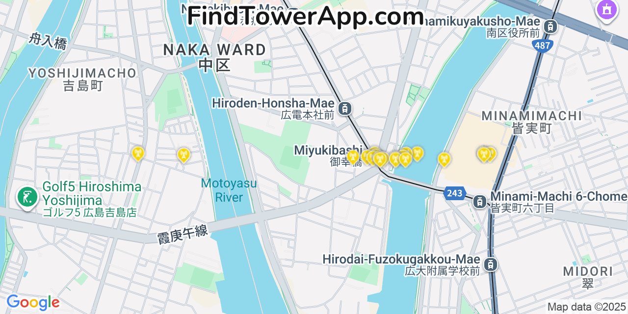 Map showing the 20 primary cell tower locations detected in Hiroshima, Japan with coverage areas and signal strength