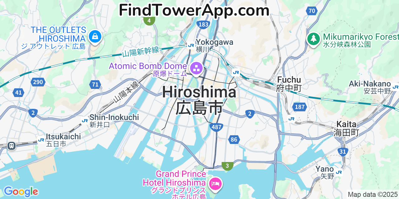 Map showing the 0 primary SoftBank cell tower locations detected in Hiroshima, Japan with coverage radius and signal strength indicators