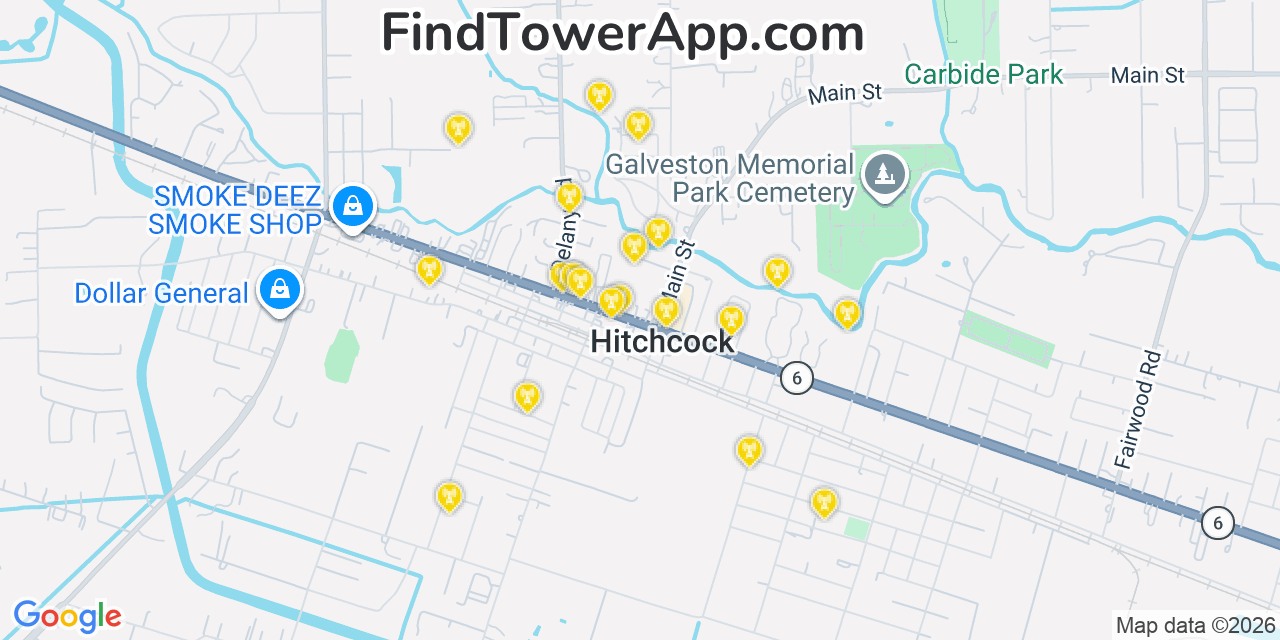 Map showing the 20 primary cell tower locations detected in Hitchcock, Texas from AT&T, Verizon, and T-Mobile networks