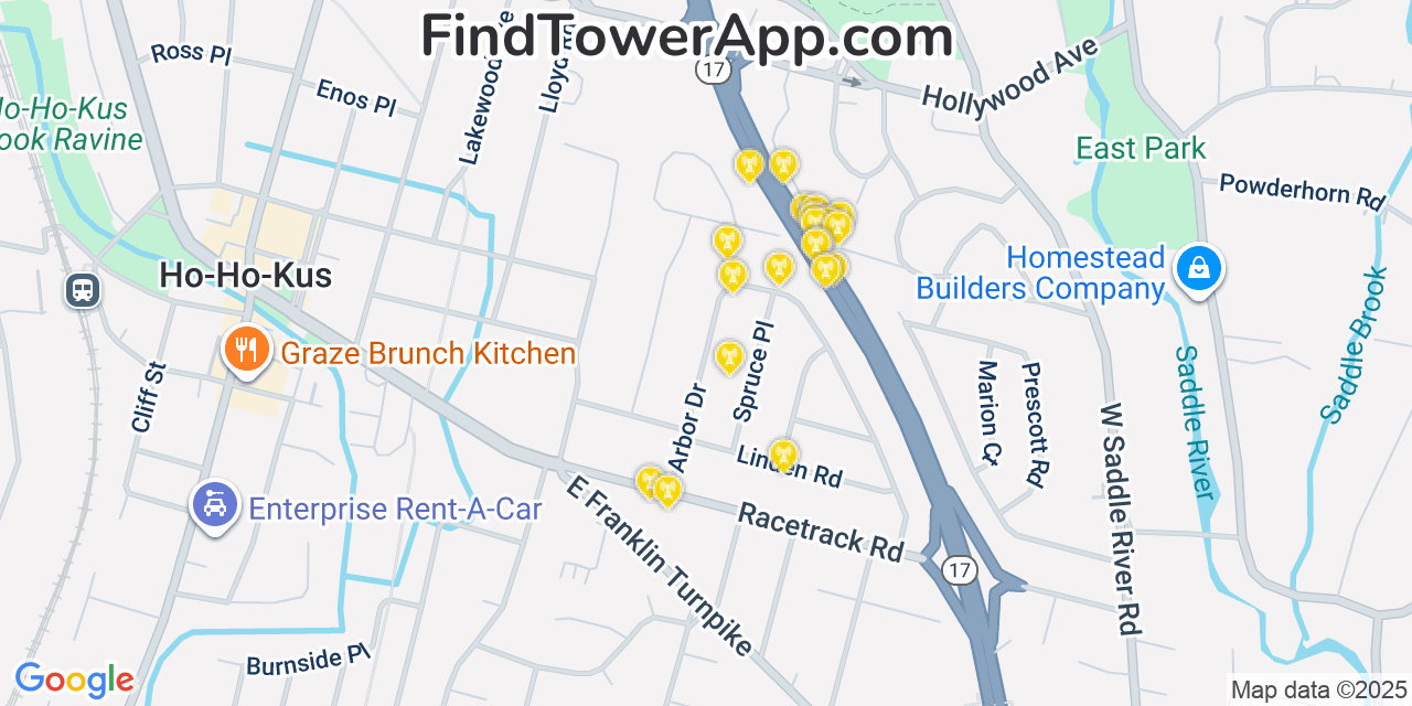 Map showing the 20 primary cell tower locations detected in Ho-Ho-Kus, New Jersey from AT&T, Verizon, and T-Mobile networks