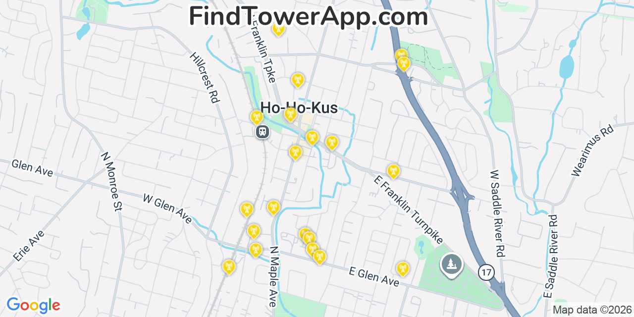 Map showing the 20 primary cell tower locations detected in Ho Ho Kus, New Jersey from AT&T, Verizon, and T-Mobile networks