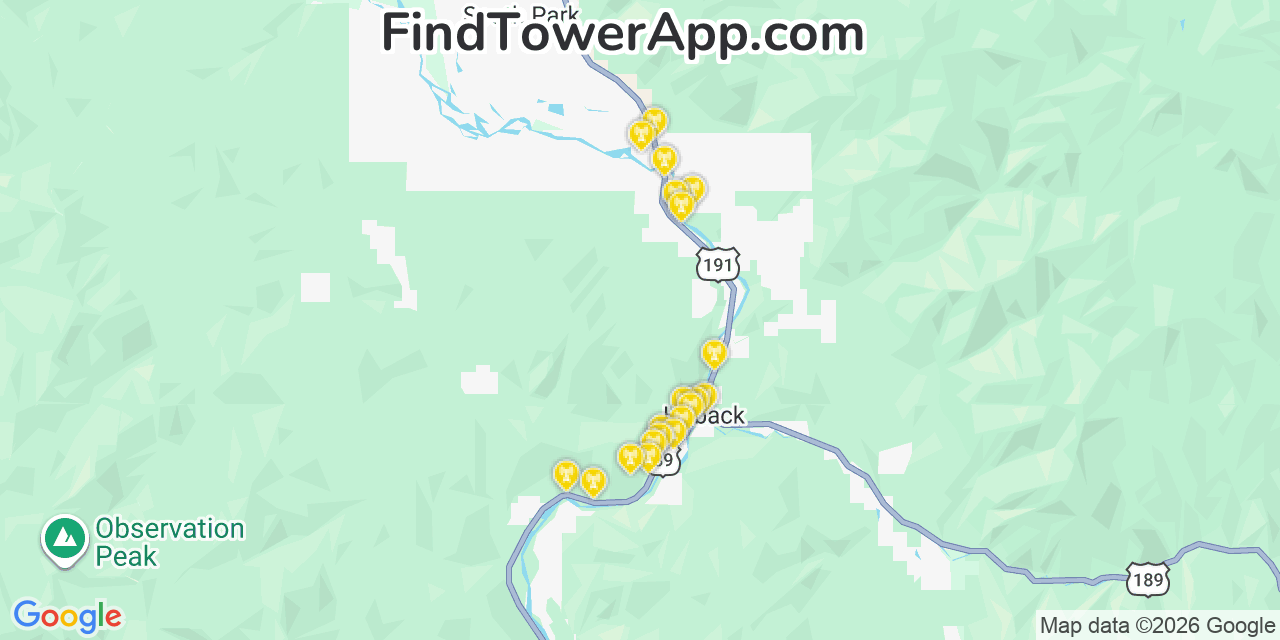 Map showing the 20 primary cell tower locations detected in Hoback, Wyoming from AT&T, Verizon, and T-Mobile networks
