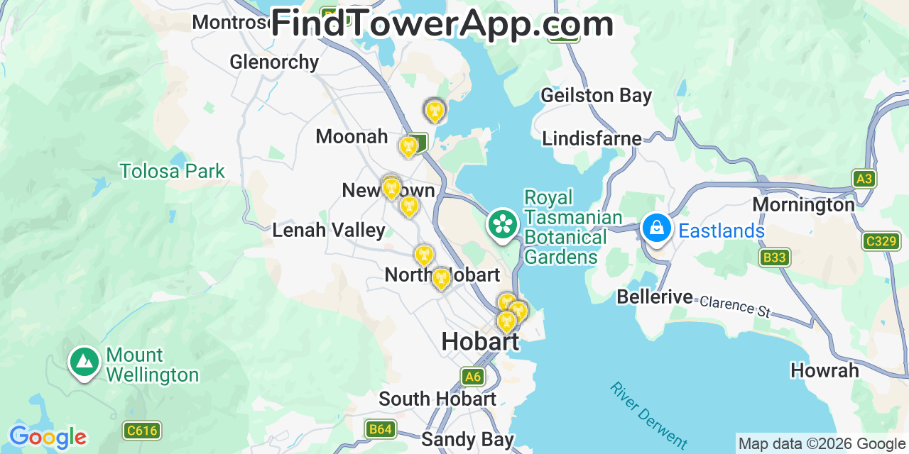 Map showing the 30 primary Clermont Coal cell tower locations in Hobart, Australia
