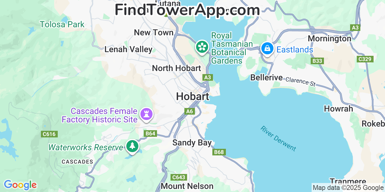 Map showing the 0 primary MessageBird cell tower locations detected in Hobart, Australia with coverage radius and signal strength indicators