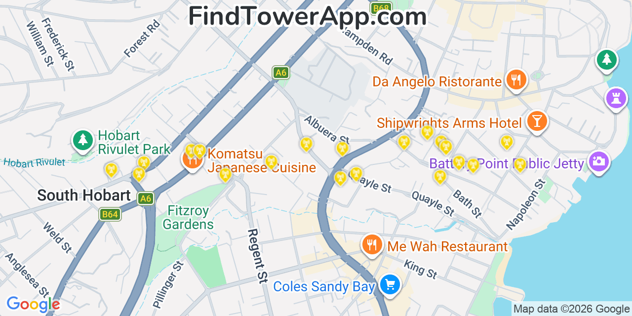 Map showing the 20 primary Pilbara Iron cell tower locations in Hobart, Australia