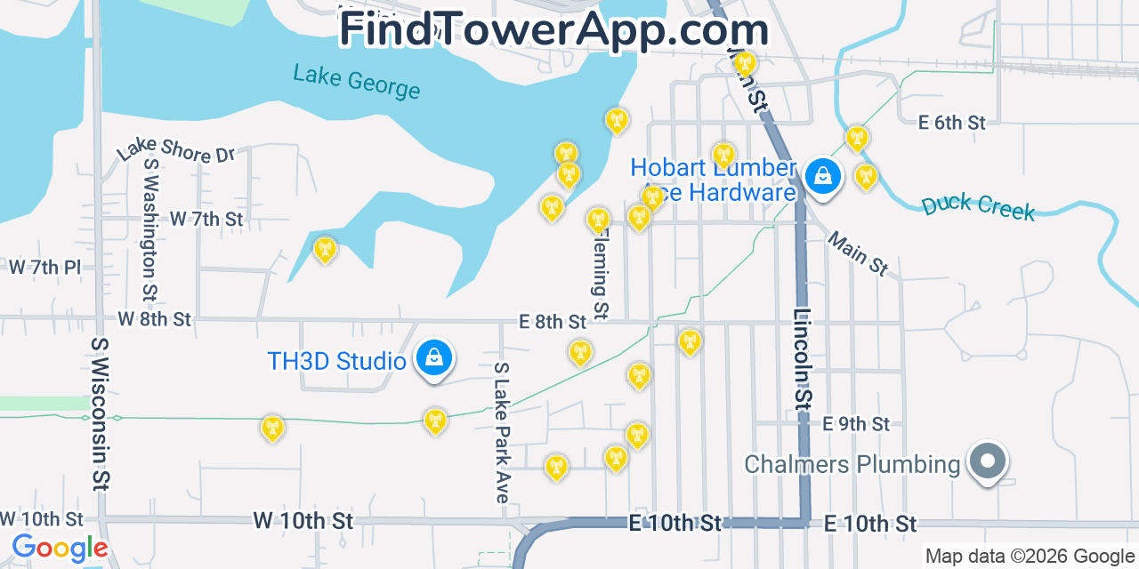 Map showing the 20 primary cell tower locations detected in Hobart, Indiana from AT&T, Verizon, and T-Mobile networks