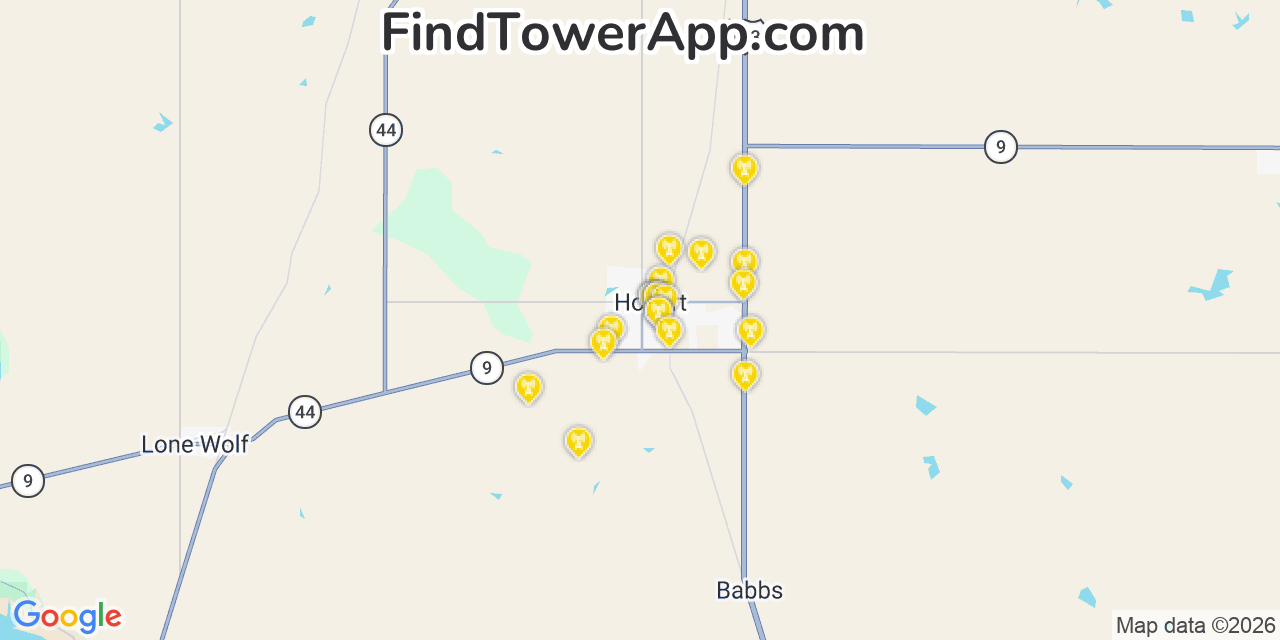 Map showing the 20 primary cell tower locations detected in Hobart, Oklahoma from AT&T, Verizon, and T-Mobile networks