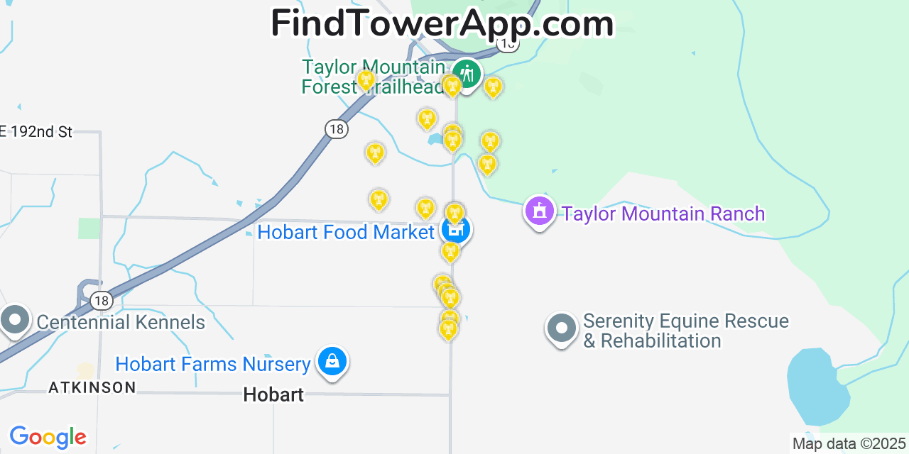 Map showing the 20 primary cell tower locations detected in Hobart, Washington from AT&T, Verizon, and T-Mobile networks