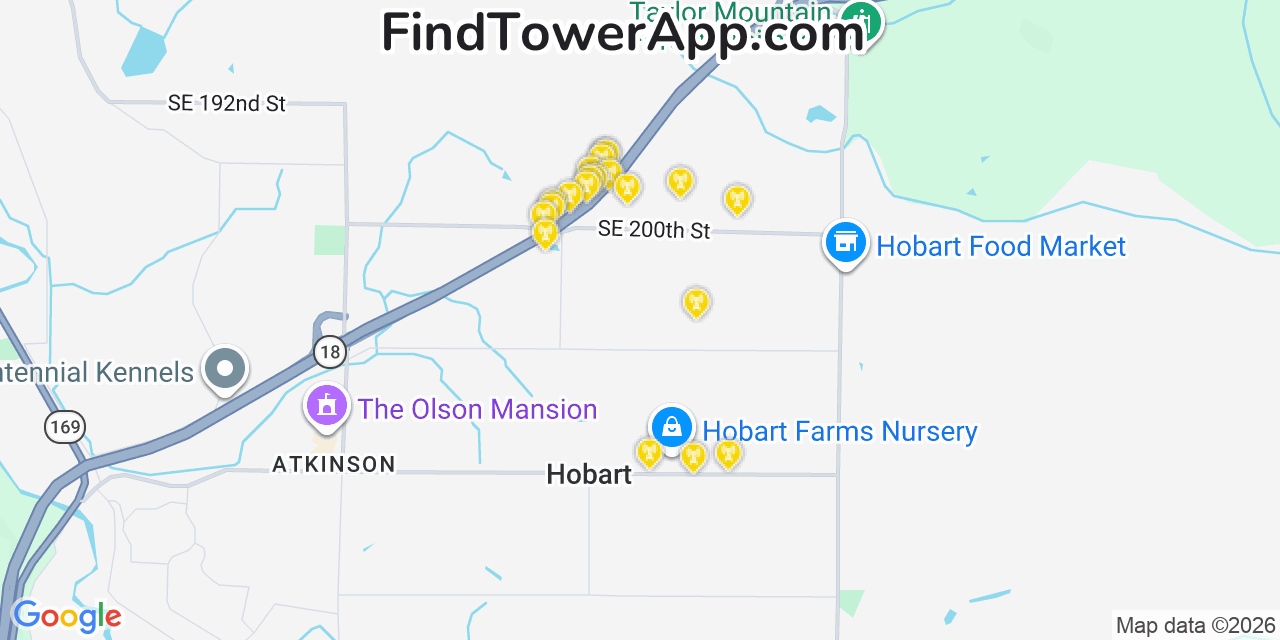 Map showing the 20 primary cell tower locations detected in Hobart, Washington from AT&T, Verizon, and T-Mobile networks