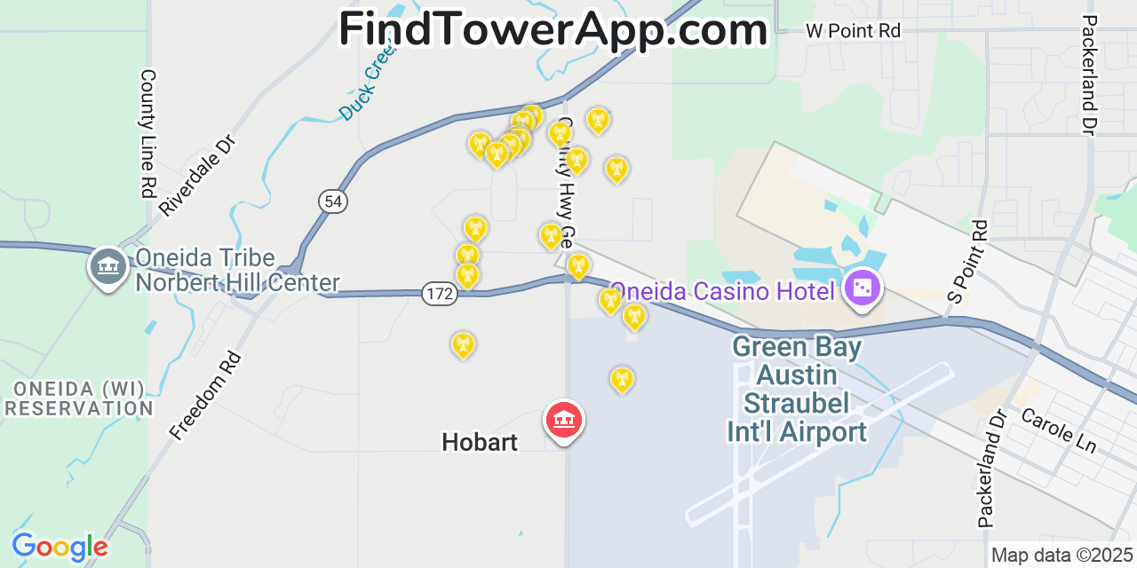 Map showing the 20 primary cell tower locations detected in Hobart, Wisconsin from AT&T, Verizon, and T-Mobile networks