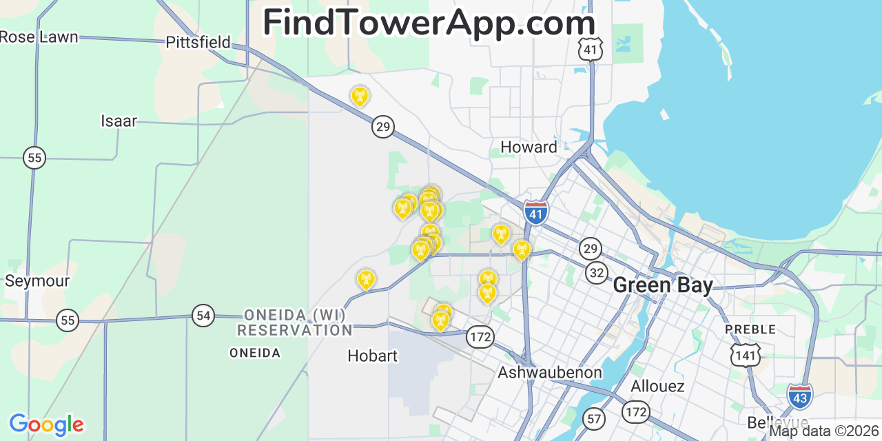 Map showing the 20 primary cell tower locations detected in Hobart, Wisconsin from AT&T, Verizon, and T-Mobile networks