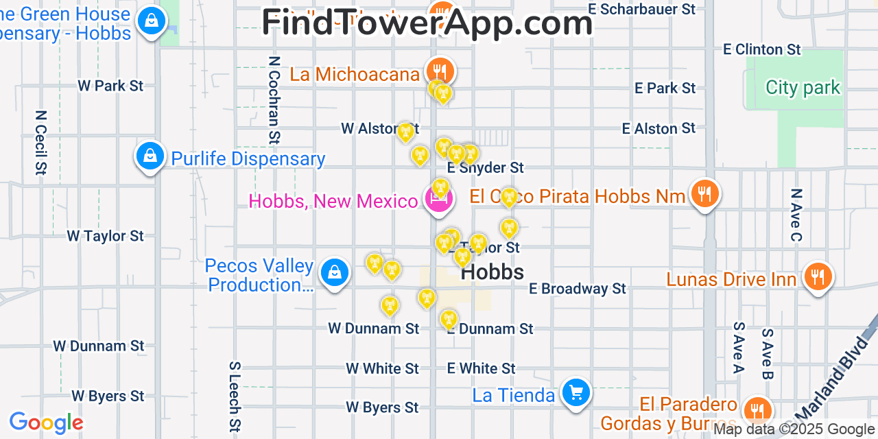 Map showing the 20 primary cell tower locations detected in Hobbs, New Mexico from AT&T, Verizon, and T-Mobile networks