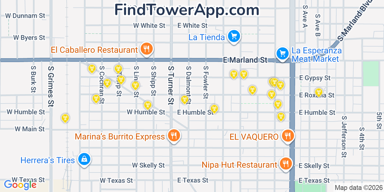 Map showing the 20 primary cell tower locations detected in Hobbs, New Mexico from AT&T, Verizon, and T-Mobile networks