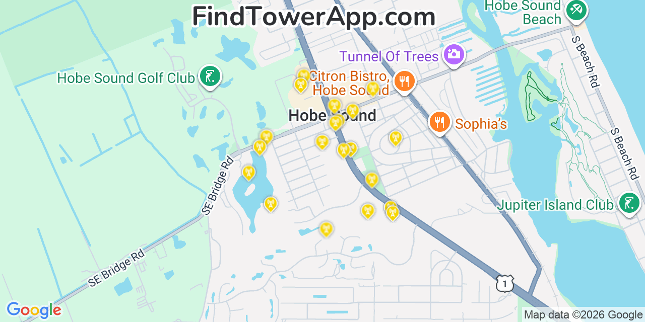 Map showing the 20 primary cell tower locations detected in Hobe Sound, Florida from AT&T, Verizon, and T-Mobile networks