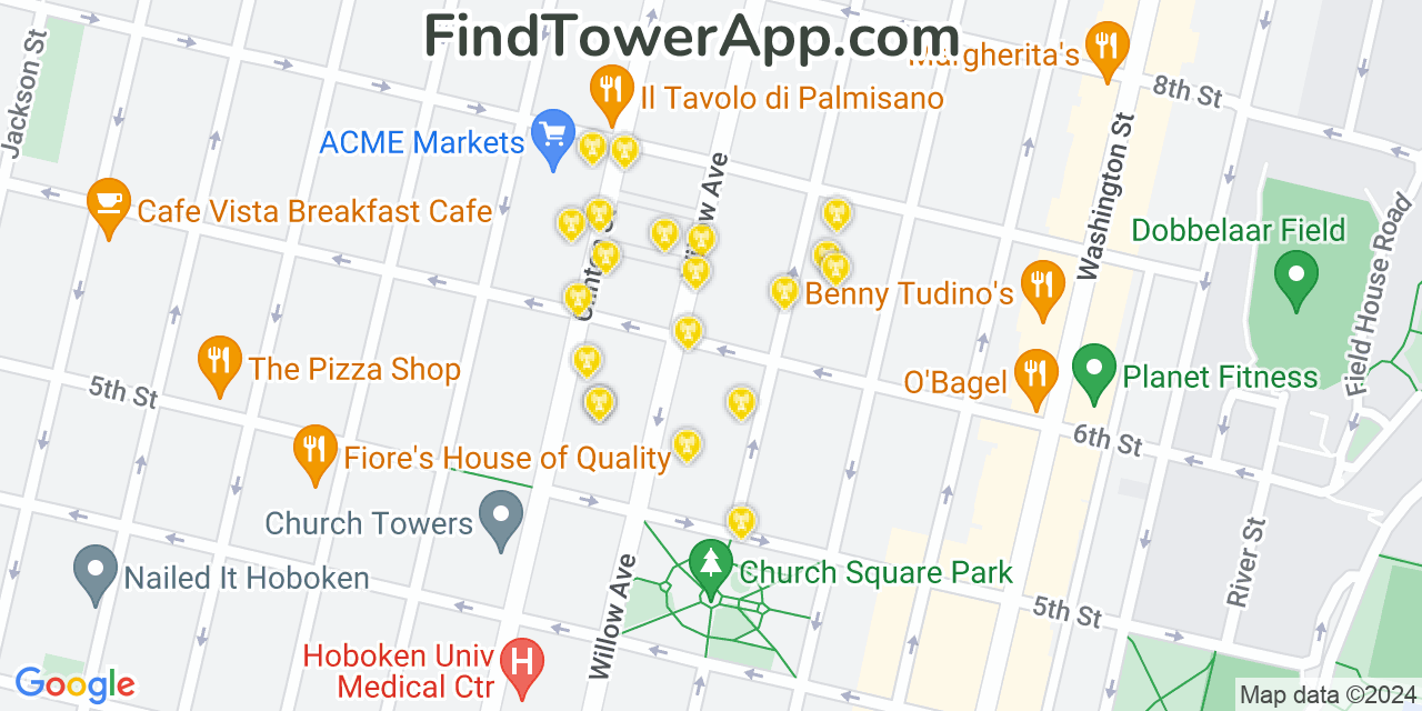 AT&T 4G/5G cell tower coverage map Hoboken, New Jersey