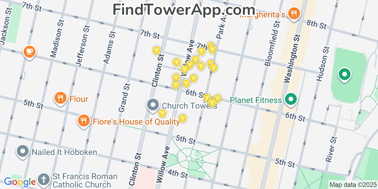 Map showing the 20 primary cell tower locations detected in Hoboken, New Jersey from AT&T, Verizon, and T-Mobile networks