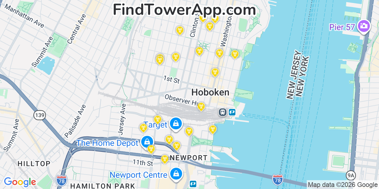 Map showing the 20 primary cell tower locations detected in Hoboken, New Jersey from AT&T, Verizon, and T-Mobile networks