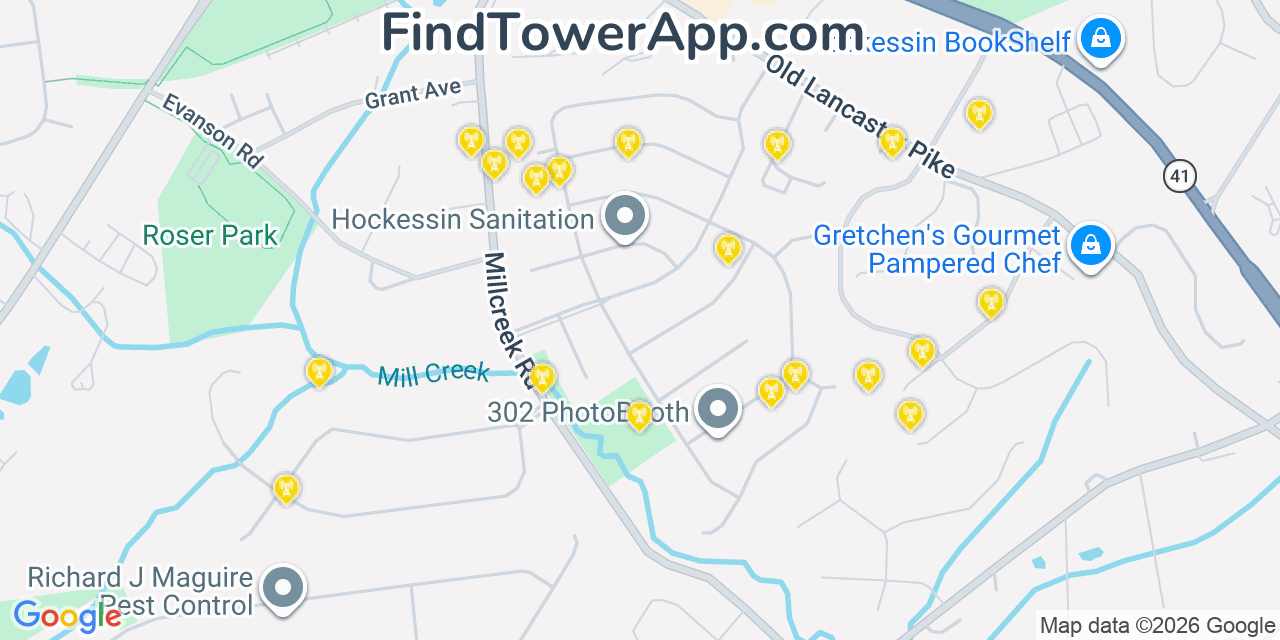 Map showing the 20 primary cell tower locations detected in Hockessin, Delaware from AT&T, Verizon, and T-Mobile networks