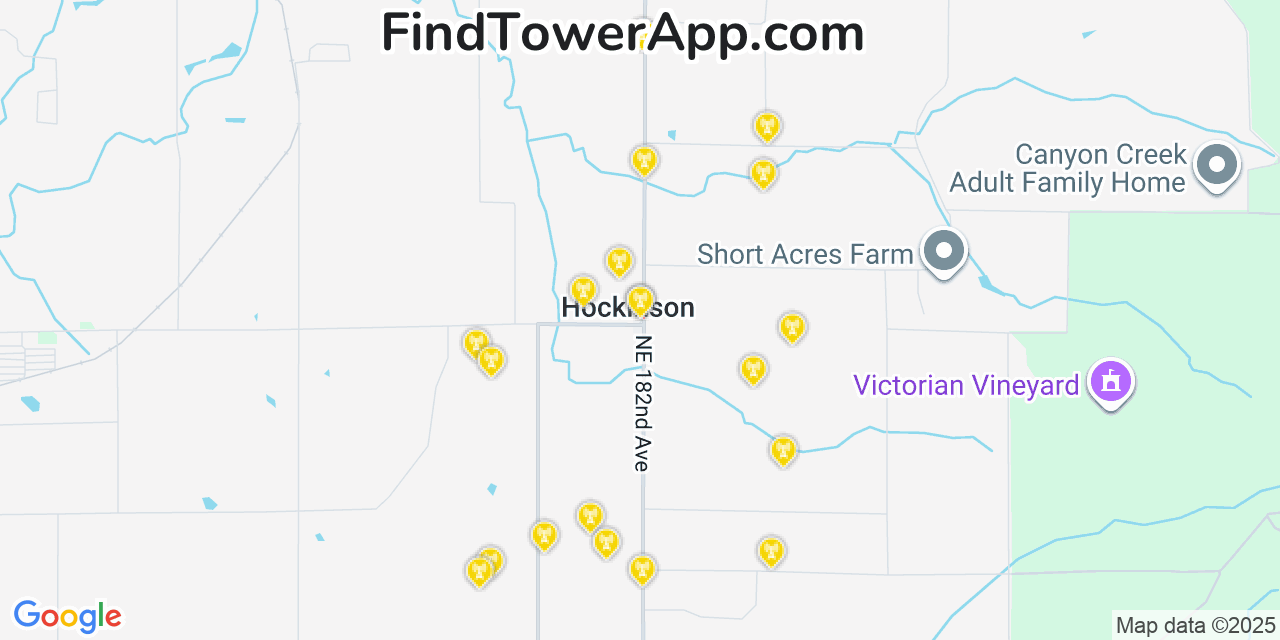 Map showing the 20 primary cell tower locations detected in Hockinson, Washington from AT&T, Verizon, and T-Mobile networks