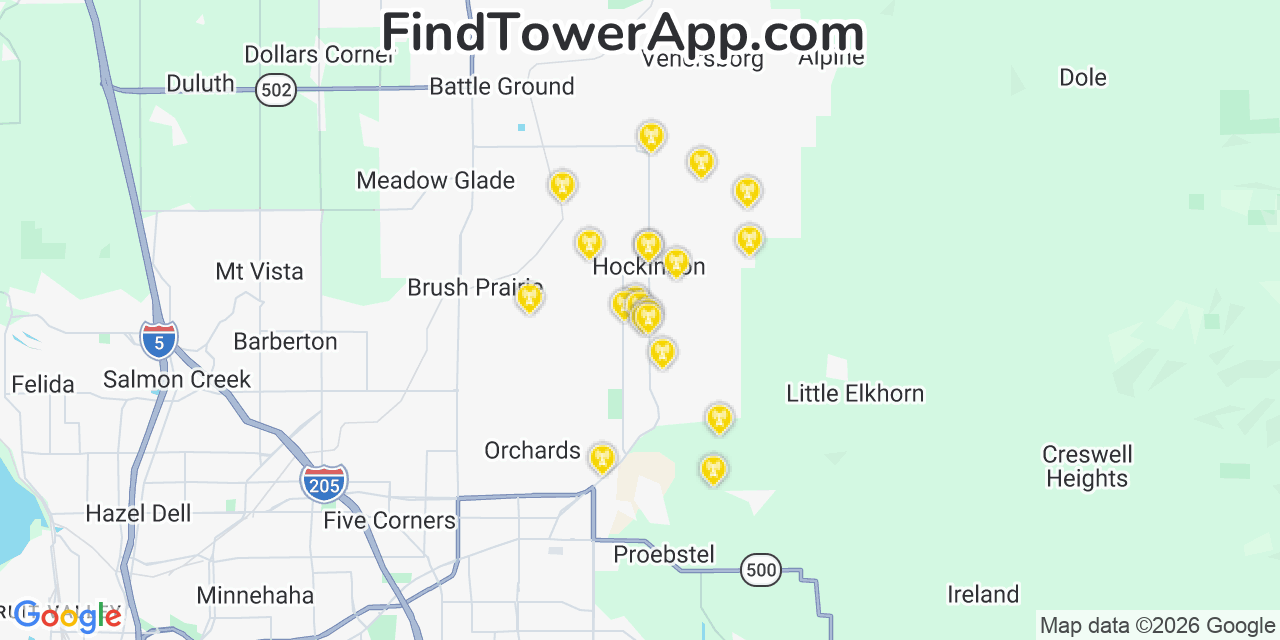 Map showing the 20 primary cell tower locations detected in Hockinson, Washington from AT&T, Verizon, and T-Mobile networks