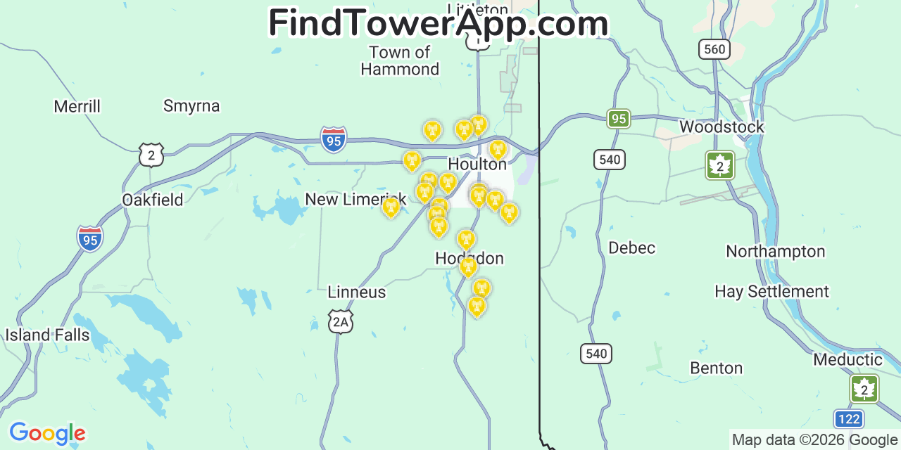 Map showing the 20 primary cell tower locations detected in Hodgdon, Maine from AT&T, Verizon, and T-Mobile networks