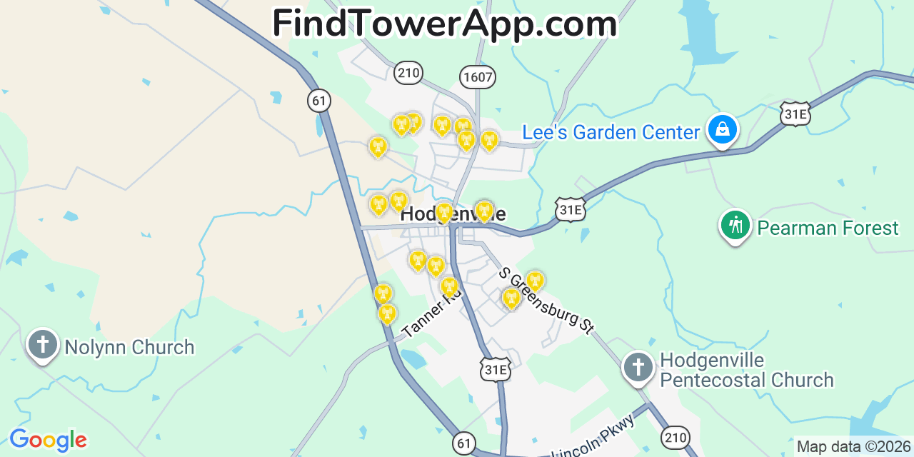 Map showing the 20 primary cell tower locations detected in Hodgenville, Kentucky from AT&T, Verizon, and T-Mobile networks