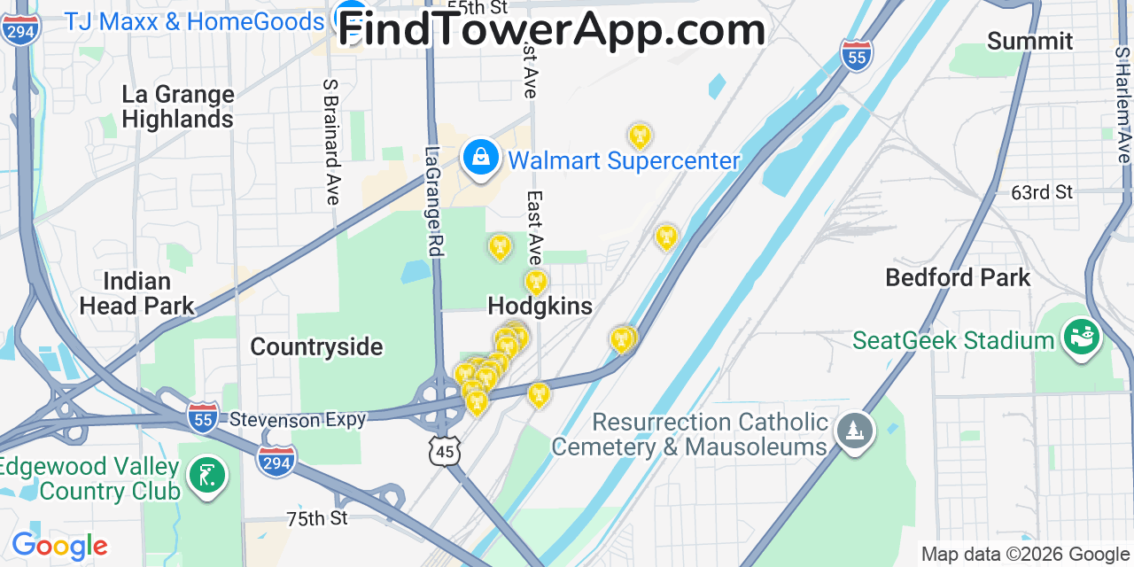 Map showing the 20 primary cell tower locations detected in Hodgkins, Illinois from AT&T, Verizon, and T-Mobile networks
