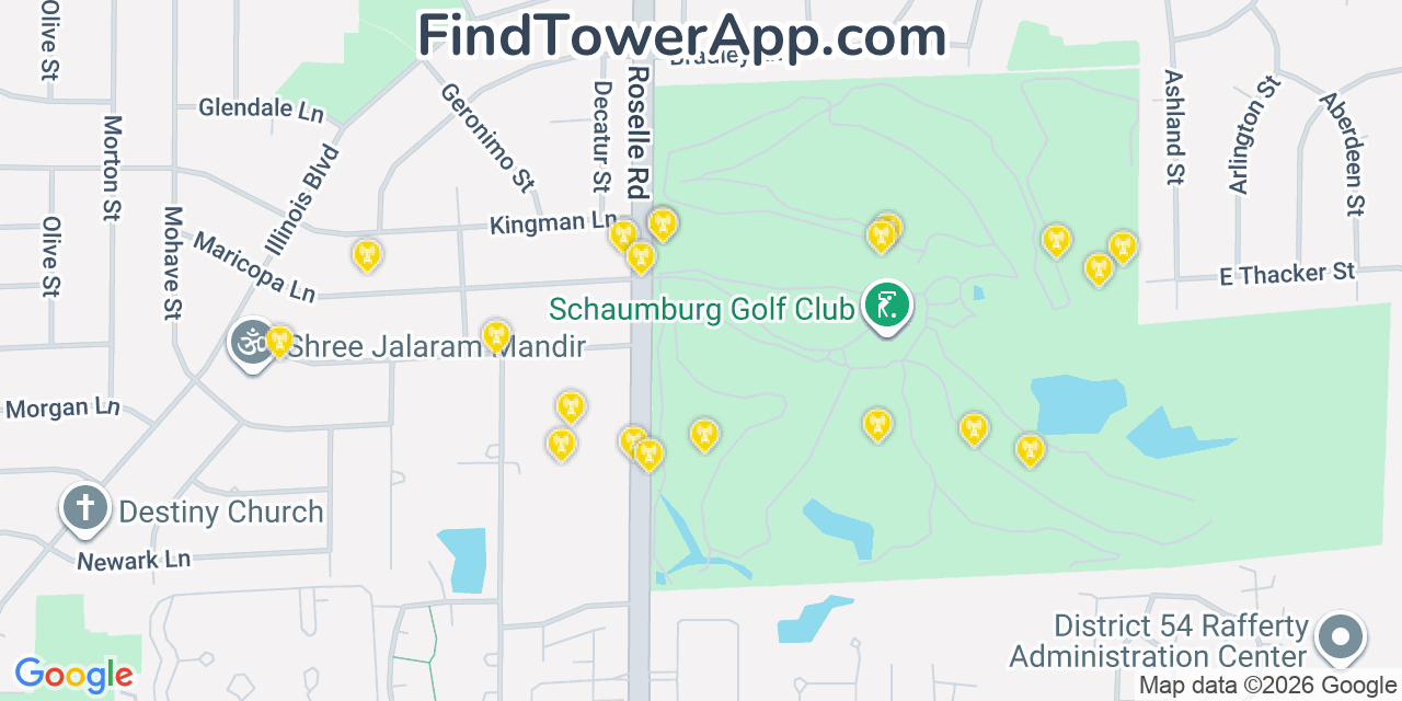 Map showing the 20 primary cell tower locations detected in Hoffman Estates, Illinois from AT&T, Verizon, and T-Mobile networks